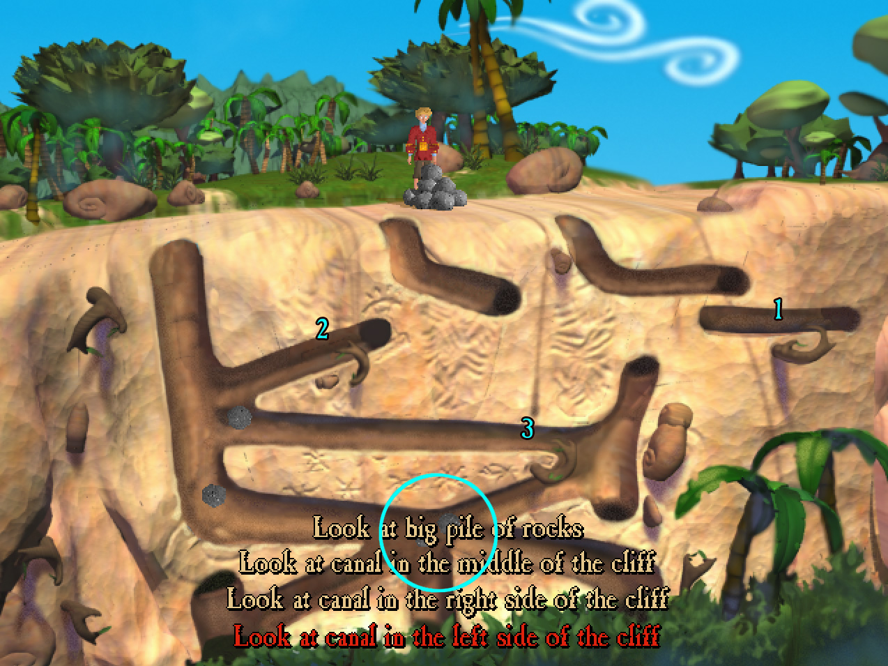 Screenshot of the boulder-throwing puzzle on Monkey Island